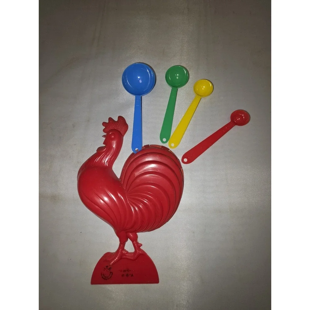 Vintage Hard Plastic Red Rooster Measuring Spoon Wall Hanging Advertising Holder